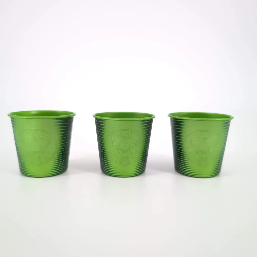 Three Green Jägermeister Color Changing Reusable Aluminum 1 oz Shot Glasses NWOT